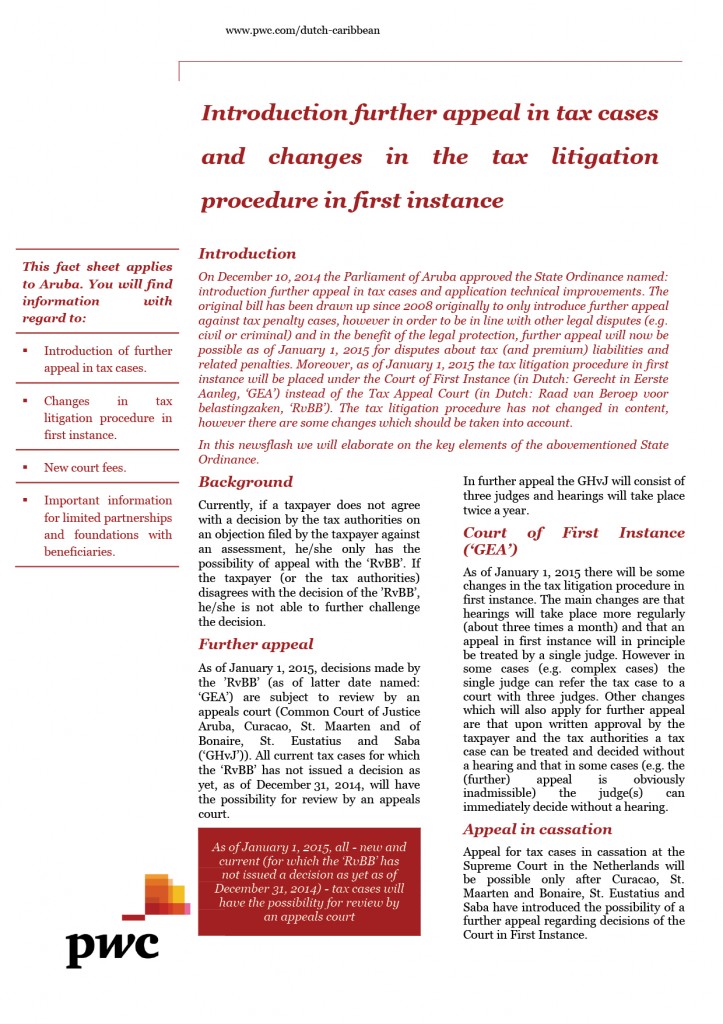 PWC Newsflash Introduction further appeal in tax cases and changes in the tax litigation procedure in first instance